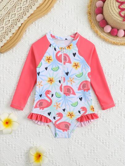 Sparklyn Baby Girls' Beachwear Cute Red Flamingo Print One-Piece Swimsuit, Knitted Fabric, Front Zipper, Flounce Leg Design, Digital Printing, Fashionable Casual Elegant, Suitable For Swimming, Vacation, Summer
