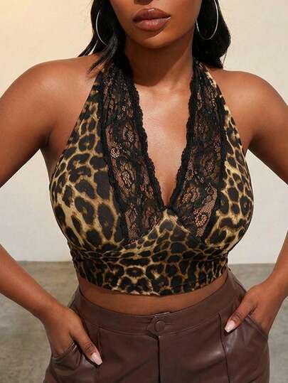 Radiana Plus Size Women's Fashionable Casual Sexy Leopard Print Lace Patchwork V-Neck Spaghetti Strap Crop Top Vest, Spring/Summer, Summer Tops Cheetah Top Animal Print Outfit Women Leopard Top Brown Leather Pants Halter Top