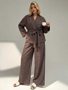Auralis Plus Size Women's Solid Color Dolman Sleeve Shirt And Wide Leg Pants 2 Pieces Set - Coffee Brown - View 4