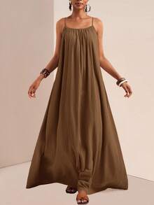 Zivah 夏季新音乐节复活节圣帕特里克节西部波西米亚风生日毕业学生日常休闲度假邮轮海滩日光浴爆款无袖可调节肩带竖纹宽松卡其色女装 - 鏽棕色 - 查看 2