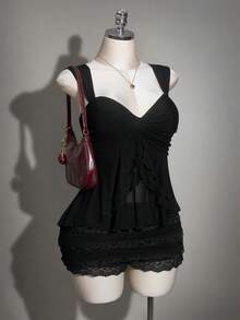 SHEIN ICON 大码女式纯色扭结前襟背心 - 黑色 - 查看 8