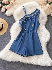 Qadelle Bộ áo liền quần denim thêu dành cho nữ mùa hè - Rửa trung bình - Xem 1