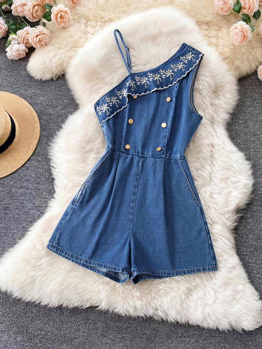 Qadelle Bộ áo liền quần denim thêu dành cho nữ mùa hè - Rửa trung bình - Xem 1