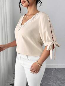 Elenzga Elegant Off-Shoulder Round Neck Ruffle Tie-Up Half Sleeve Pearl Decor Plus Size Women Blouse - Apricot - View 4