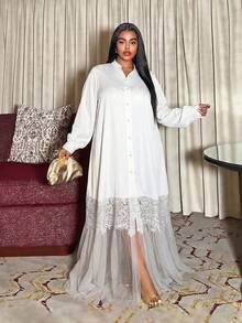 Maweii Plus Size Women Casual Vacation Daily Cardigan With Button, Ruffle Hem & Mesh Splice, Loose & Comfortable A-Line Dress - White - View 3