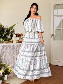 Celure Plus Size Women's Off-Shoulder Petal Sleeve Printed Striped A-Line Dress, Vacation Style - Multicolor - View 5