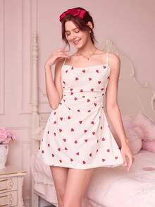 Bonmuse 女士睡衣，腰部镂空褶皱细肩带，印花设计 - 杏色 - 查看 3