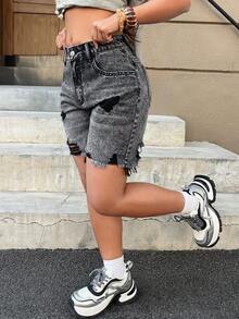 SHEIN PETITE Women's Casual Distressed Frayed Hem Denim Shorts - Black - View 6