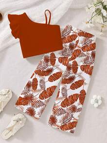2pcs/Set Young Girl' Asymmetrical Shoulder Top + Pants, Tropical Plant Pattern, Suitable For Spring & Summer, Vacation - Multicolor - View 1