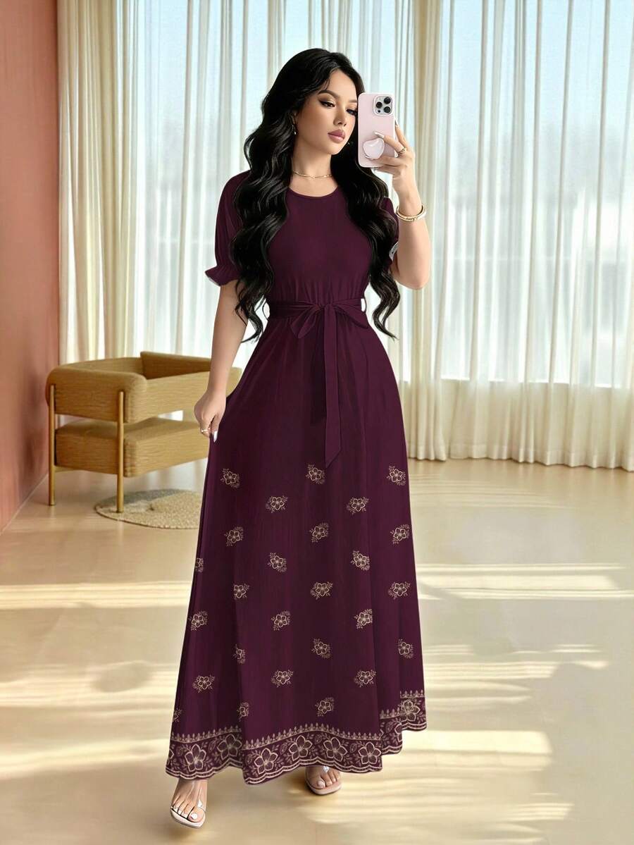 Modelyn Peach Blossom Striped Retro Print Dress, Women's Fashion Round Neck Short Puff Sleeve Design With Belt Cinched Waist Dress, Elegant Summer Dress - Multicolor - View 1