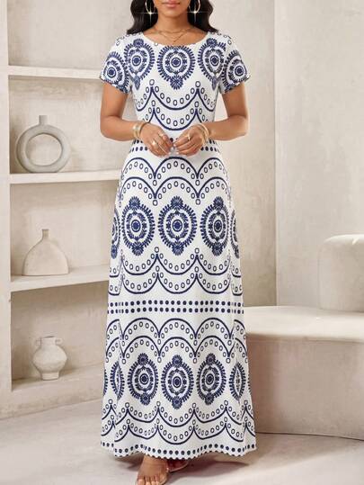 SHEIN Lady 女士圆领印花休闲日常通勤连衣裙