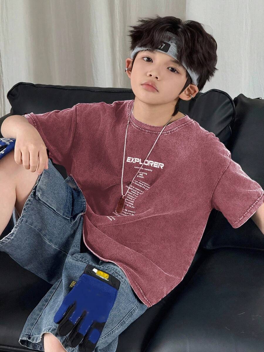 青少年男孩标语印花圆领短袖休闲T恤 - 酒紅色 - 查看 1