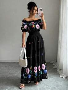 Modelyn 女士露肩花瓣袖印花腰部A字裙摆浪漫优雅休闲夏季连衣裙 - 黑色 - 查看 7