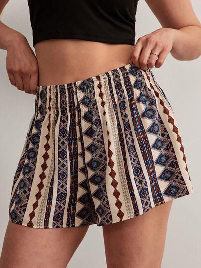 Freevana Women Plus Size Geometric Print Casual Shorts Beige,Summer,Boho,Beach,Holiday Outfits,Hippie Style Elastic Waist Vacation Printed Shorts