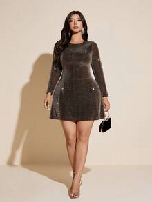 Viva Relle Women's Plus Size Brown Knitted Fabric Round Neck Long Sleeve Mini Party Night Out Club Night Out Club Bling Dress Autumn - Gold - View 7