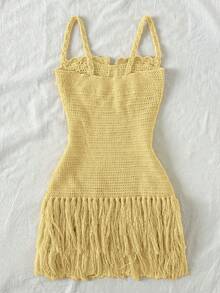 Soleia Shell-Shaped Bustier Tassel Hem Spaghetti Strap Bodycon Mini Dress, Bohemian, Boho, Vacation, Suitable For Valentine's Day Date, Spring/Summer - Light Yellow - View 2