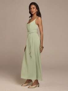COSMINA Women's Elegant Sage Green Summer Mid-Length Dress,Spaghetti Strap Deep V-Neck Tie Waist Brunch Vacation Resort Wear,Casual Office Commute Dress - Yellow - View 7