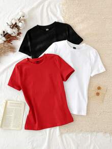 Conjunto de 3 camisetas ajustadas de manga larga con cuello redondo, 95% algodón, de estilo minimalista casual, con diseño bordado de caballo - Multicolor 7 - Ver 6