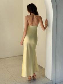 Aloruh 女士纯黄色新款缎面褶皱荷叶边连衣裙，适合度假、约会、婚礼季穿着 - 黃色 - 查看 2