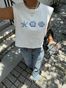 Siren Gaze 95%纯棉女士休闲芙蓉花贝壳印花圆领无袖露脐上衣，适合夏季、度假、海滩、音乐节、时尚休闲等场合。 - 彩色 - 查看 5