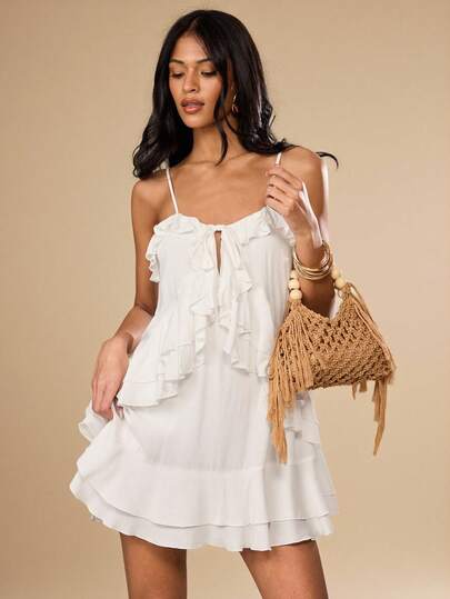 SHEIN BAE Đầm trắng thanh lịch dáng suông, dây đeo xếp ly, đầm ngắn viền bèo nhún, đầm dự lễ hội âm nhạc, đầm đi biển, đầm mùa hè, đầm Ý, đầm nghỉ lễ miền Nam nước Pháp, đầm trắng, đầm tốt nghiệp.