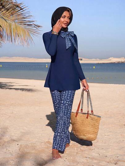 Swim Mulvari Conjunto de burkini de traje de baño con top de manga larga y pantalones largos para vacaciones de verano de mujer