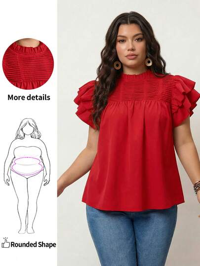 Enliva 加大码纯色荷叶边休闲套头衫情人节度假装女士夏季服装女士外出上衣女士、商务休闲女装、夏季、可爱衬衫、办公室商务休闲女装