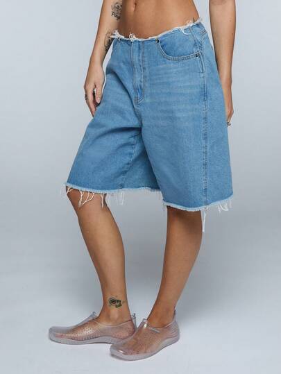 COUREZ Distressed Low Rise Mid Length Jorts In Mid Light Blue Wash /Y2K Summer Outfits For Women Spring Outfits For Women Summer Clothes Shorts For Women Jean Shorts Denim Shorts Going Out Outfits Beach Outfits For Women