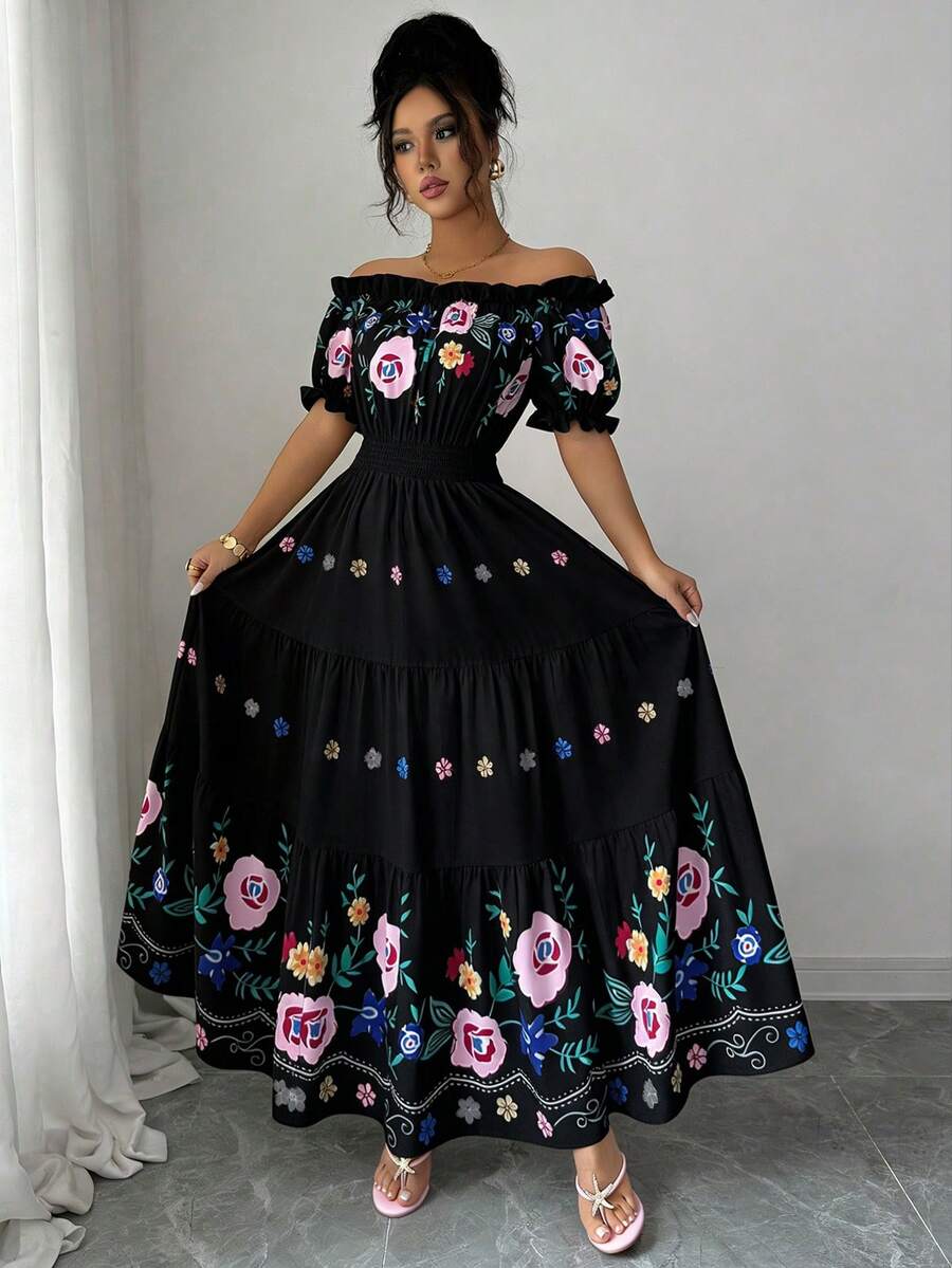 Modelyn 女士露肩花瓣袖印花腰部A字裙摆浪漫优雅休闲夏季连衣裙 - 黑色 - 查看 1