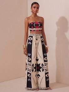 Zivah 2026夏季新款音乐节、母亲节、婚礼季无袖系带露背短款上衣和直筒裤套装，印花波西米亚风，休闲、海滩、邮轮、日常穿着 - 彩色 - 查看 4