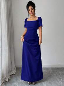 SHEIN Elenzya 方领收腰优雅浪漫精致女式连衣裙，短袖 - 寶藍色 - 查看 1