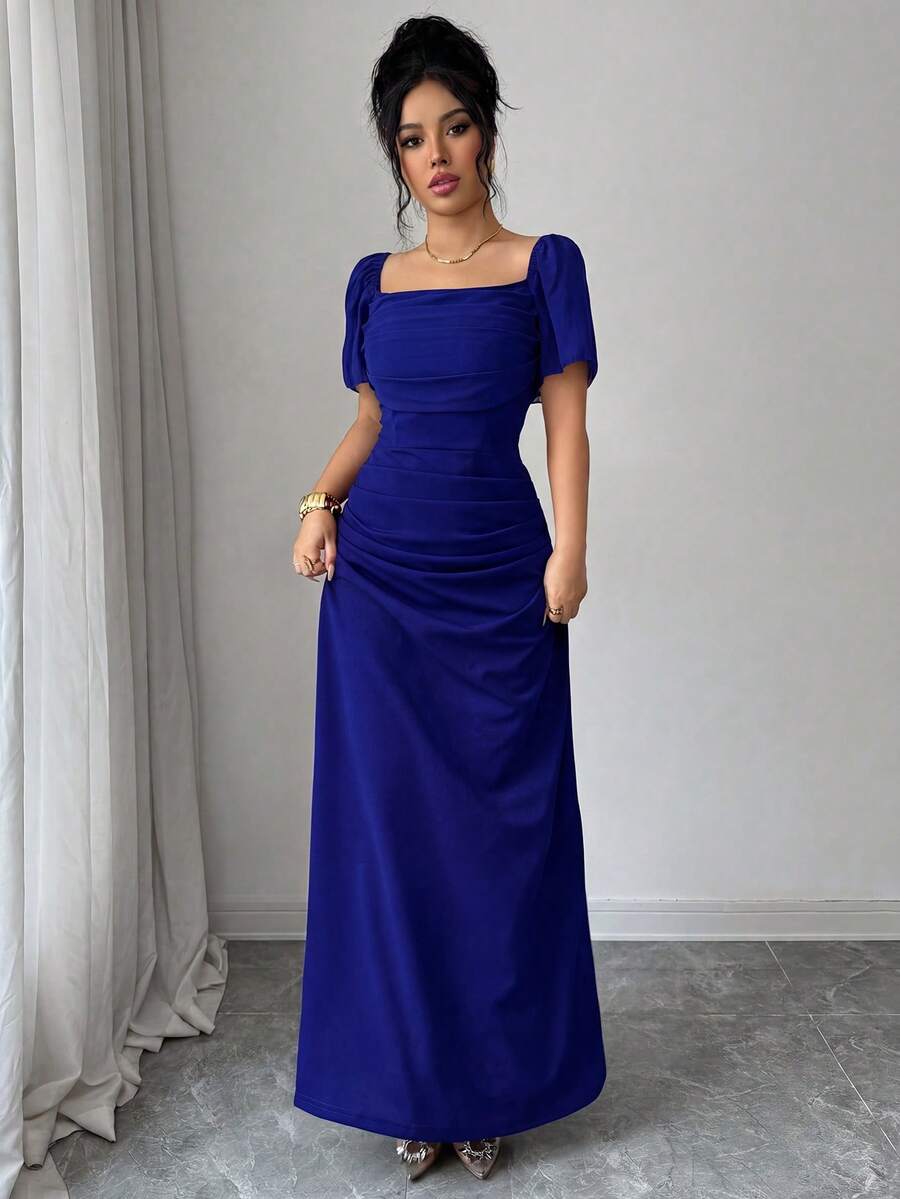 SHEIN Elenzya 方领收腰优雅浪漫精致女式连衣裙，短袖 - 寶藍色 - 查看 1