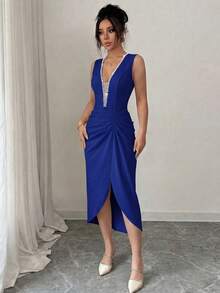 Elenzga Đầm ôm sát không tay cổ chữ V đính cườm thanh lịch lãng mạn dành cho nữ - Xanh đậm - Xem 4