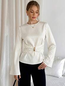 Siren Gaze Blusa elegante de manga de campana a rayas para mujer - Albaricoque - Ver 4
