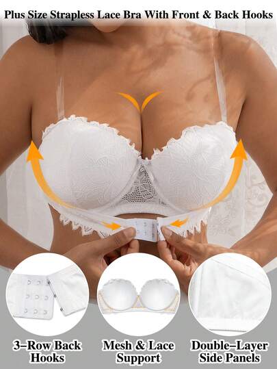 DesireSculpt 女士加大码纯色蝴蝶结钻石装饰性感蕾丝拼接扇形睫毛边前扣可调节透明肩带文胸