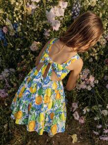 Emery Rose Kids Emery Rose Kids Đầm dự tiệc thường ngày in hình lá chanh cho bé gái - Màu vàng - Xem 3