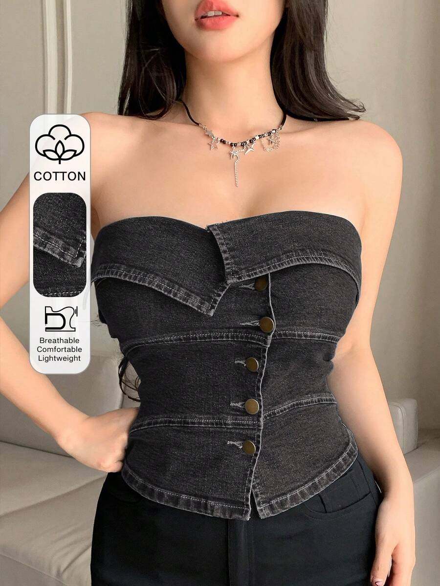 DAZY Áo tank top crop top ôm sát gợi cảm kiểu dáng lễ hội âm nhạc, vạt áo bất đối xứng, phối nhiều mảnh vải, thích hợp cho nữ mùa hè và mùa xuân. - Xám - Xem 1