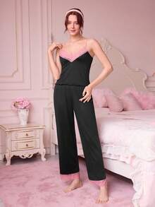 Bonmuse 女士睡衣套装（含蕾丝花边吊带背心和裤子） - 黑色 - 查看 3