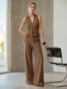 MOTF PREMIUM STRIPED PRINT PEPLUM TANK TOP & SLANT POCKET PANTS SET - Coffee Brown - View 4
