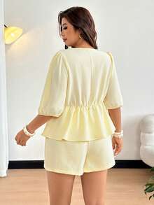 Easura Plus Size Women's Fashion Elegant Vacation Deep V Bow Tie Puff Sleeve Shirt And Loose Shorts 2-Piece Set, Spring/Summer - Light Yellow - View 2