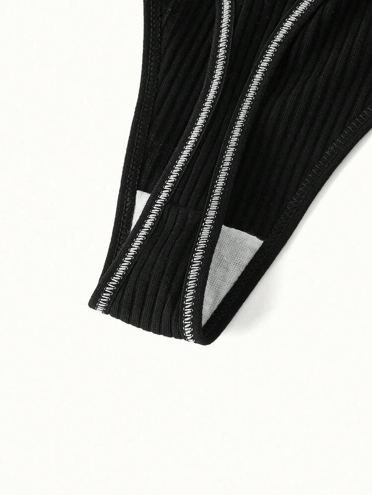 4 件套女士字母腰带丁字裤内裤，透气裆部性感提拉内裤 - 黑色 - 查看 5