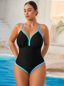 Swim Vcay Áo tắm liền thân phối màu dành cho nữ cỡ lớn - Màu xanh lam - Xem 4