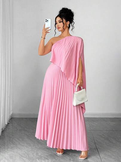 Elenzga Plus Size Women's Pink Pleated Dress, Spring/Summer
