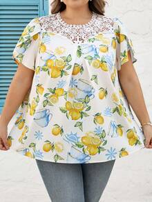 SHEIN CURVE+ 加大码 US22 音乐节、海滨度假、波西米亚风女士假日蕾丝花卉印花花瓣短袖衬衫 夏季/乡村/海滩度假/沙滩装、夏季上衣 - 白色 - 查看 4
