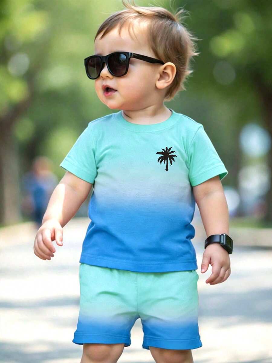 Playful Pals 两件套幼儿男童休闲渐变椰树图案印花短袖T恤和短裤,春夏舒适日常穿搭 - 彩色 - 查看 1