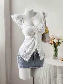 Sweetra 女士扭结V领无袖背心，夏季新款，修身腰部设计，独特优雅上衣 - 白色 - 查看 6