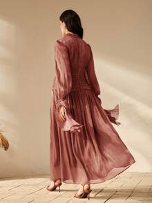 Anewsta 女士长款褶皱连衣裙，优雅时尚的正式礼服 - 亮橙色 - 查看 3