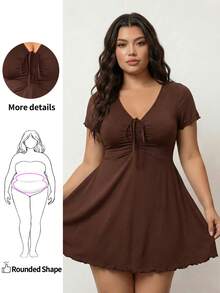 Enliva Plus Size Women Valentine's Day Red V-Neck Front Tie Dress Milkmaid Dress, For Body Shape, For Summer - Brown - View 1
