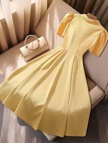 Franclia Đầm dài tay ngắn cổ ve lật màu xanh lá cây bóng mượt dành cho nữ mùa hè, trang phục thanh lịch cho công sở, đi làm, thường ngày, các dịp trang trọng, sự kiện xã hội và dã ngoại. - Màu vàng ngỗng - Xem 2