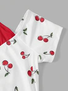 Skyraze Women's Red And White Cherry Print Halter Neck T-Shirt,Cute Summer Crop Top,Layered Design Casual Top For Vacation,Holiday - Red and White - View 6